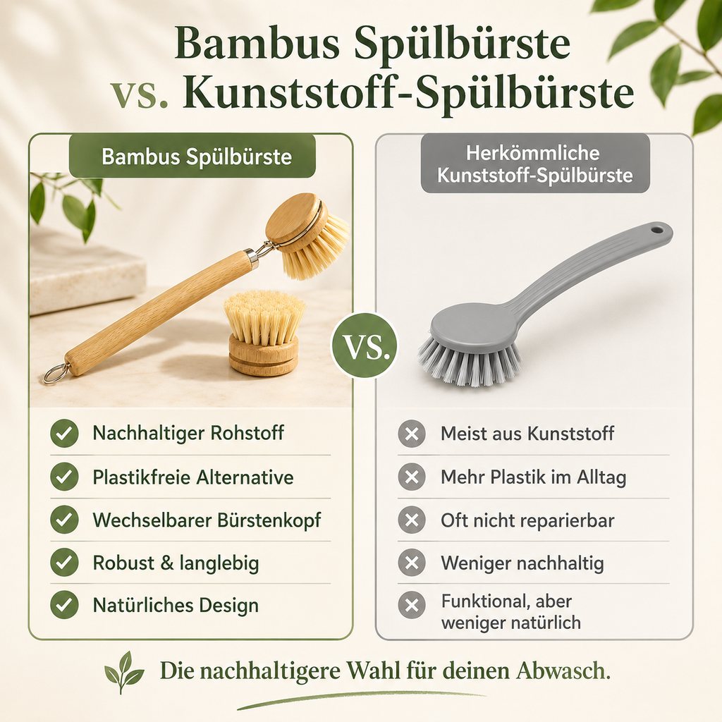 Vergleich zwischen Bambus Spülbürste und herkömmlicher Kunststoff Spülbürste