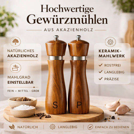 Salz und Pfeffermühlen Set aus Akazienholz mit Keramikmahlwerk und einstellbarem Mahlgrad