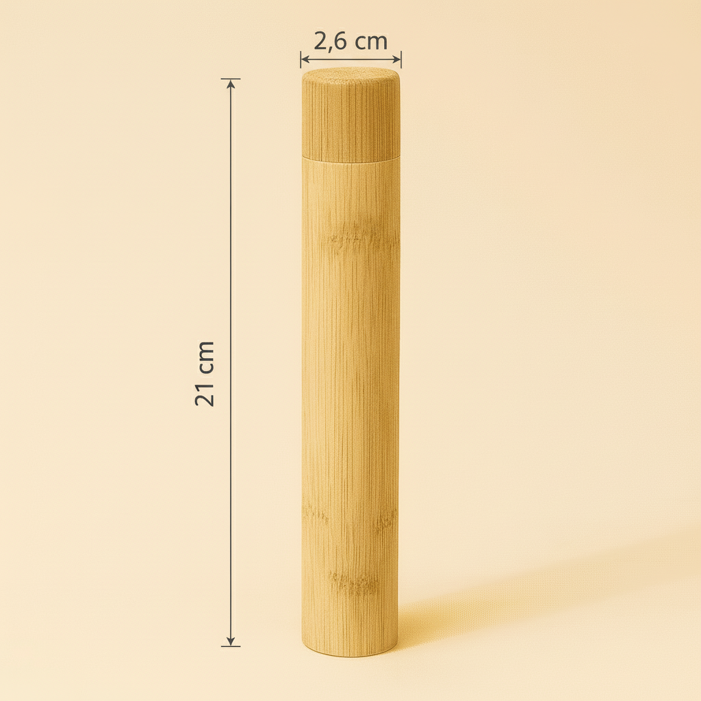 Geschlossenes, zylindrisches Bambus Reiseetui (Zahnbürstenhülle) mit Holzverschluss. Hygienischer und plastikfreier Schutz für die Zahnbürste.
