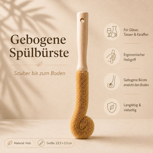 Gebogene Spülbürste aus Holz mit Vorteilen für Gläser, Tassen und Karaffen