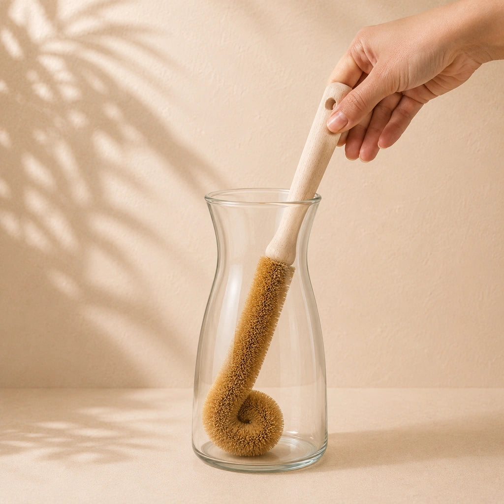 Gebogene Holz Spülbürste wird in einer Glasvase verwendet und reinigt den Boden