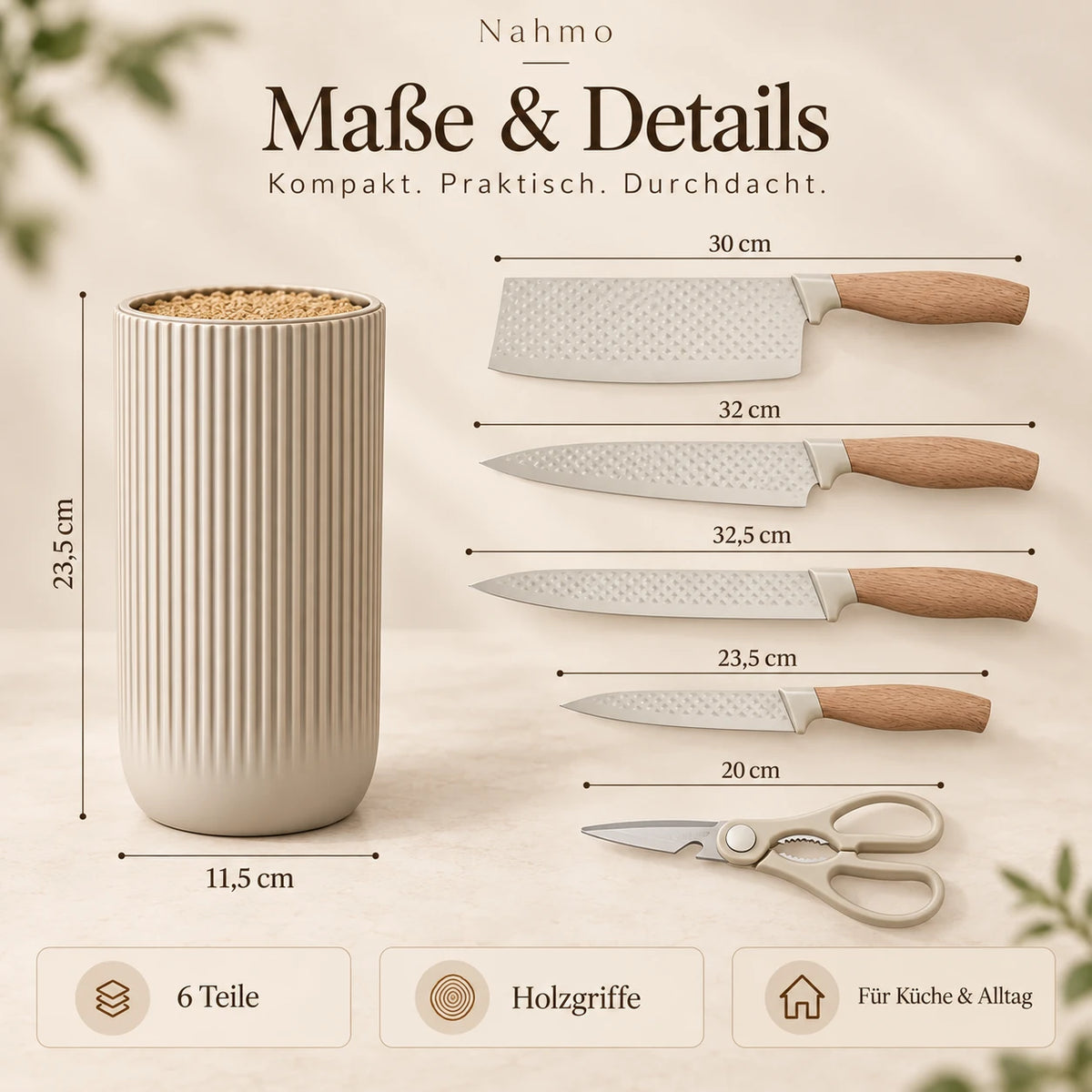 Maßgrafik des 6-teiligen Küchenmesser-Sets mit Größenangaben der Messer, Schere und des Messerhalters.