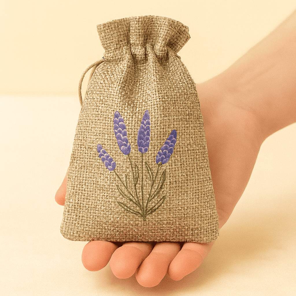 Natürliches Lavendel-Duftsäckchen aus Jute mit Lavendelmotiv, dekorativ in einer Hand präsentiert, nachhaltiger Raumduft im minimalistischen Naturstil.