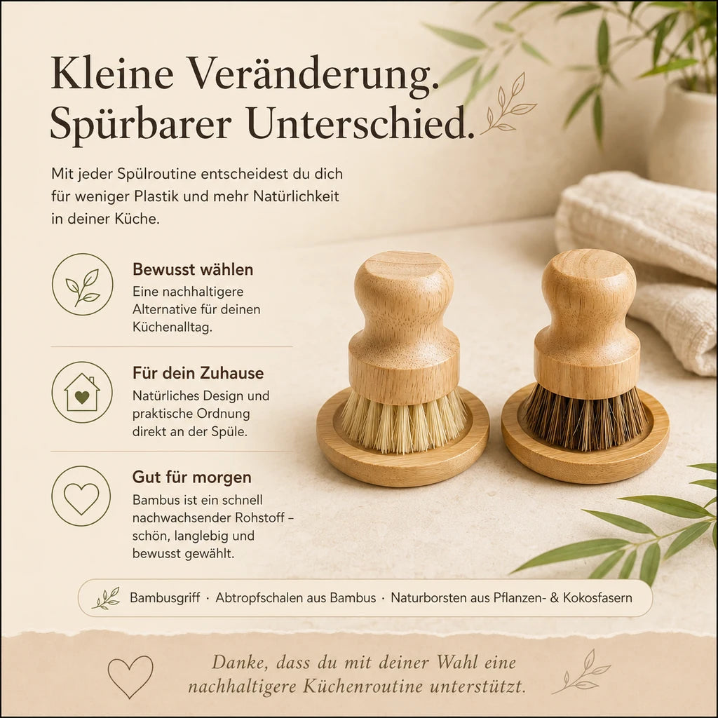 Emotionale Grafik zur nachhaltigen Küchenroutine mit Bambus Spülbürsten Set und Naturborsten