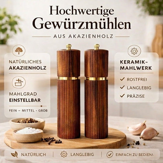 Pfeffermühle aus Akazienholz mit Edelstahlkern und Keramikmahlwerk Übersicht