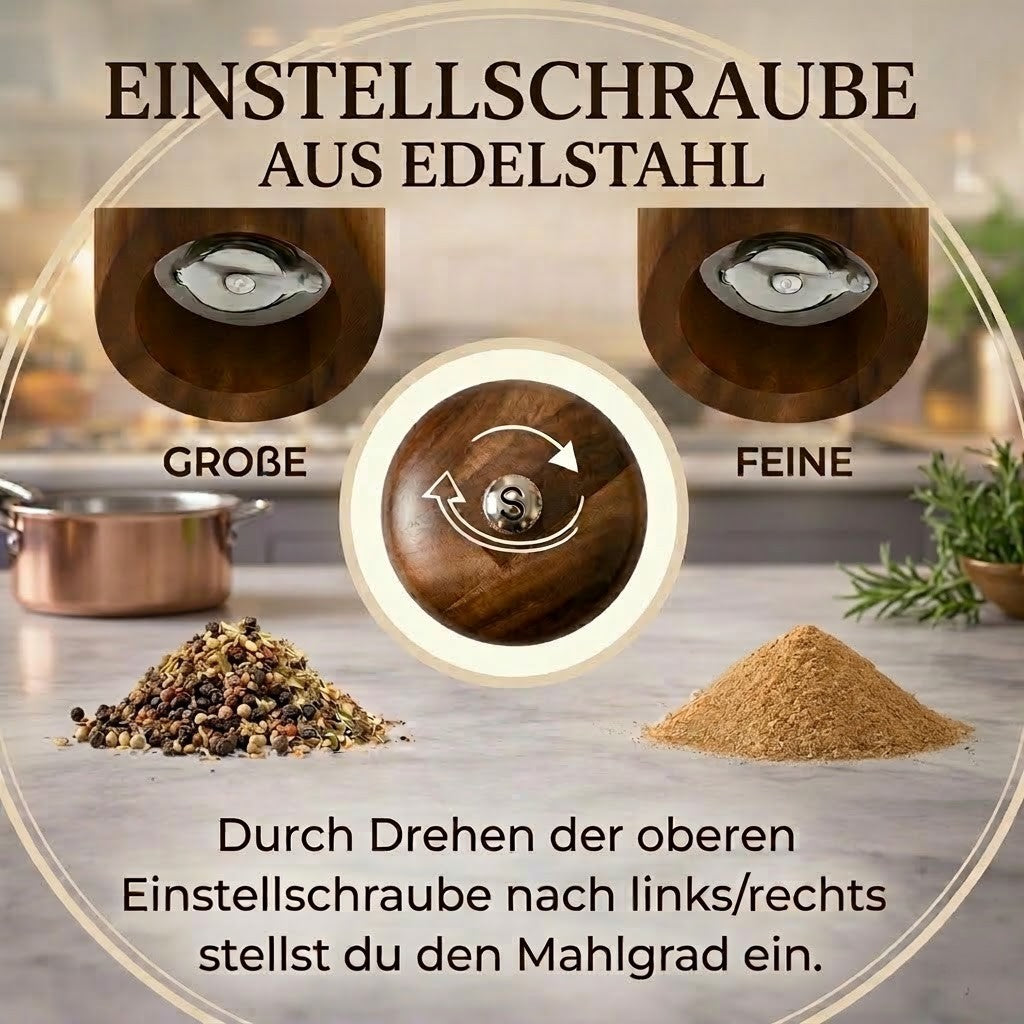 Pfeffermühle aus Akazienholz mit einstellbarer Einstellschraube für fein mittel und grob