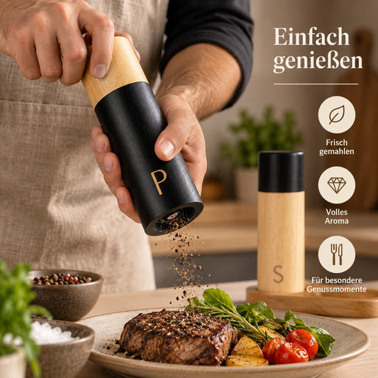 Pfeffermühle aus Kautschukholz beim Würzen eines Gerichts mit frisch gemahlenem Pfeffer.
