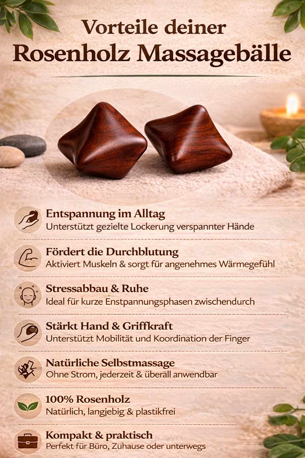 Rosenholz Massagebälle Vorteile Infografik natürliche Selbstmassage Entspannung Durchblutung Stressabbau