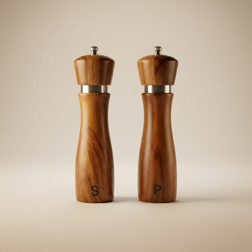 Salz- und Pfeffermühle Set aus Akazienholz mit Keramikmahlwerk, 2er Set in neutralem Hintergrund.