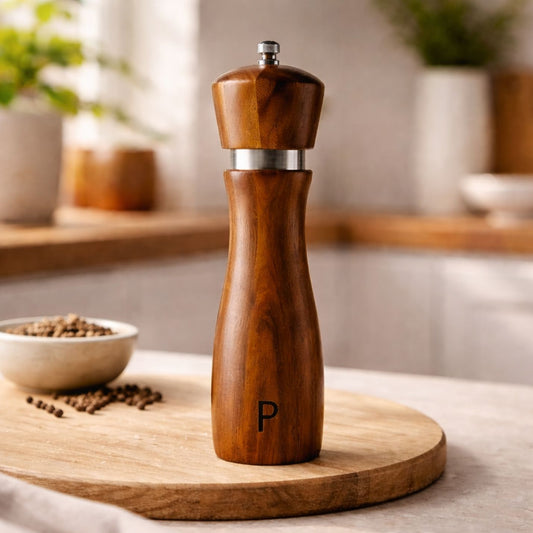 Zweiteiliges Salz- und Pfeffermühlen Set aus Holz auf einem runden Schneidebrett mit frischen Zutaten.