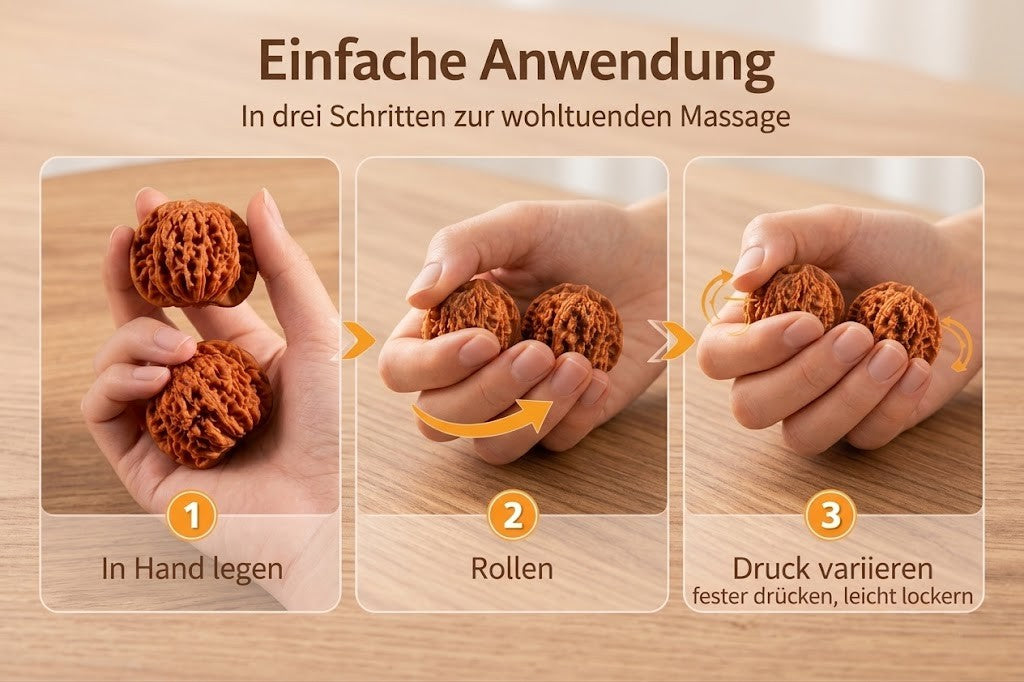 Walnuss Massagebälle Anwendung Anleitung in 3 Schritten – Handmassage mit natürlichen Walnüssen für Entspannung und Durchblutung