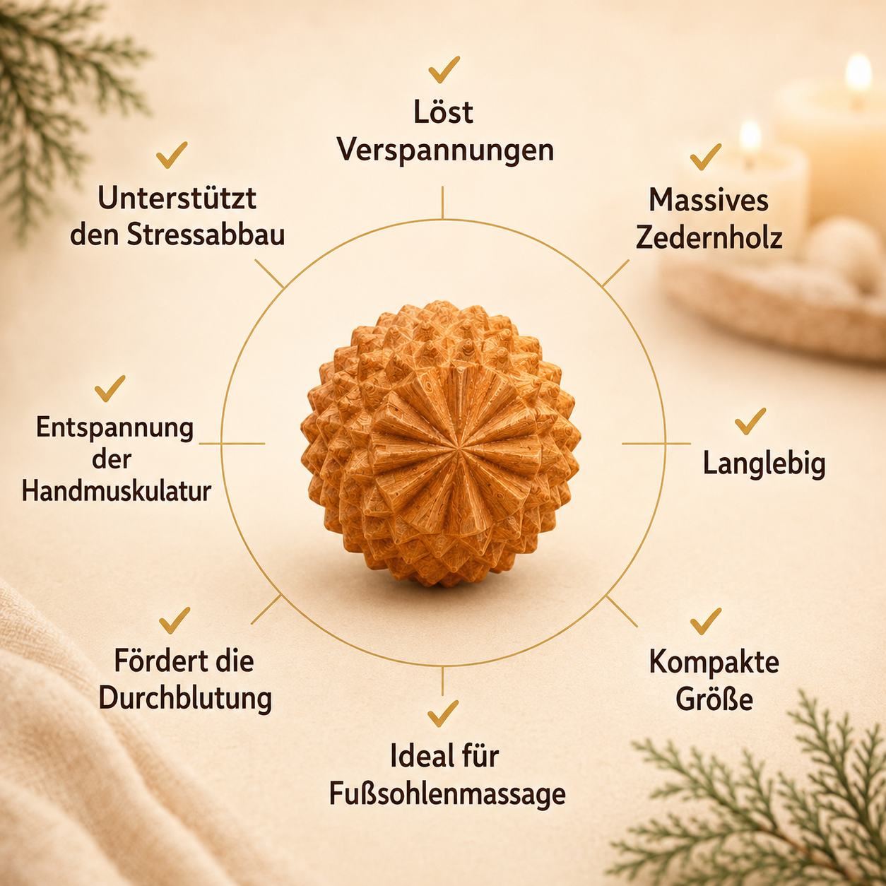 Infografik zu Zedernholz Massageball mit Vorteilen wie Stressabbau, Durchblutung und Fußsohlenmassage