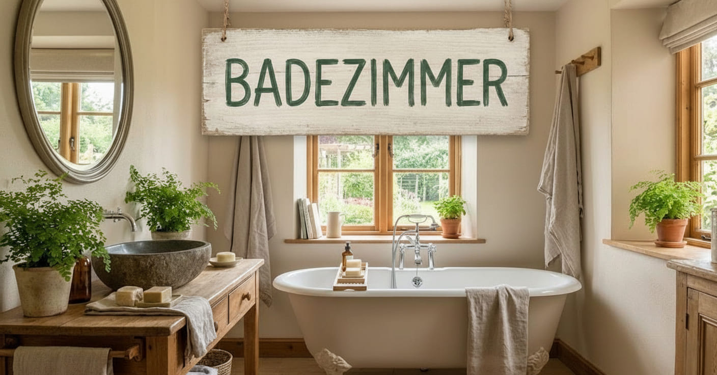 Stimmungsvolles Kategoriebild für das Badezimmer mit einem hängenden Holzschild, umgeben von Handtüchern und Pflegeprodukten im Vintage-Stil.