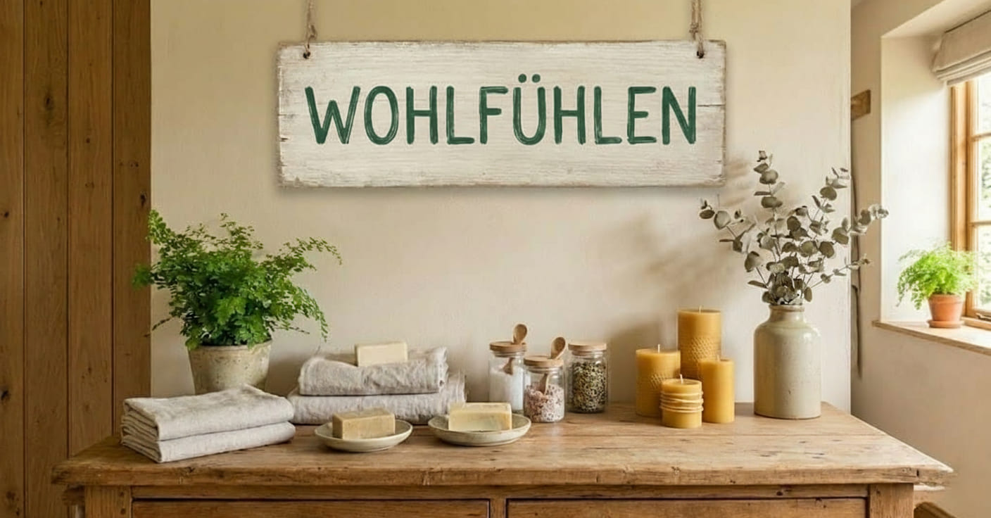 Dekoratives Schild mit der Bezeichnung Wohlfühlen, arrangiert mit wichtiger Haushalts-Grundausstattung und nützlichen Alltagsgegenständen in natürlicher Optik.
