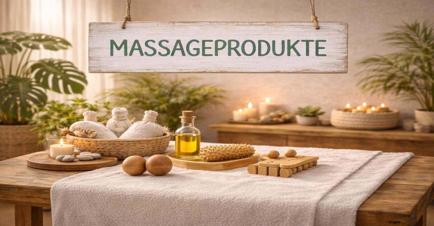Holz Massageprodukte in entspannter Spa Atmosphäre mit Kerzen und Pflanzen