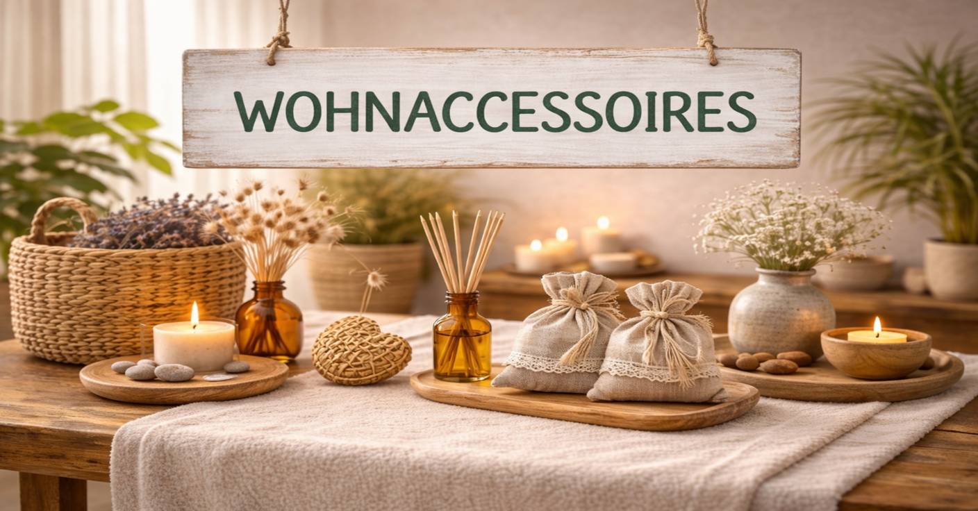 Natürliche Wohnaccessoires aus Holz mit Duftstäbchen, Kerzen und Deko in entspannter Spa Atmosphäre