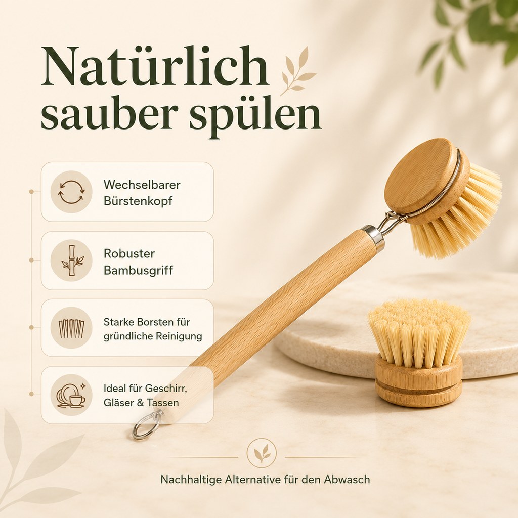 Infografik zur Bambus Spülbürste mit wechselbarem Bürstenkopf und robustem Bambusgriff