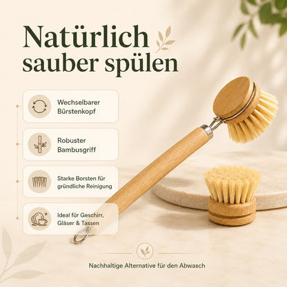 Infografik zur Bambus Spülbürste mit wechselbarem Bürstenkopf und robustem Bambusgriff