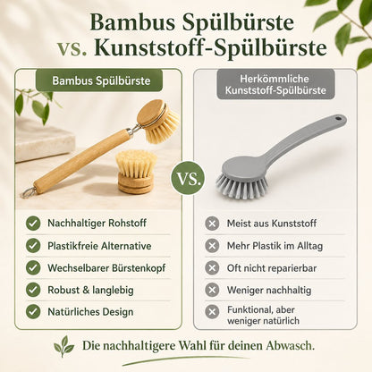 Vergleich zwischen Bambus Spülbürste und herkömmlicher Kunststoff Spülbürste