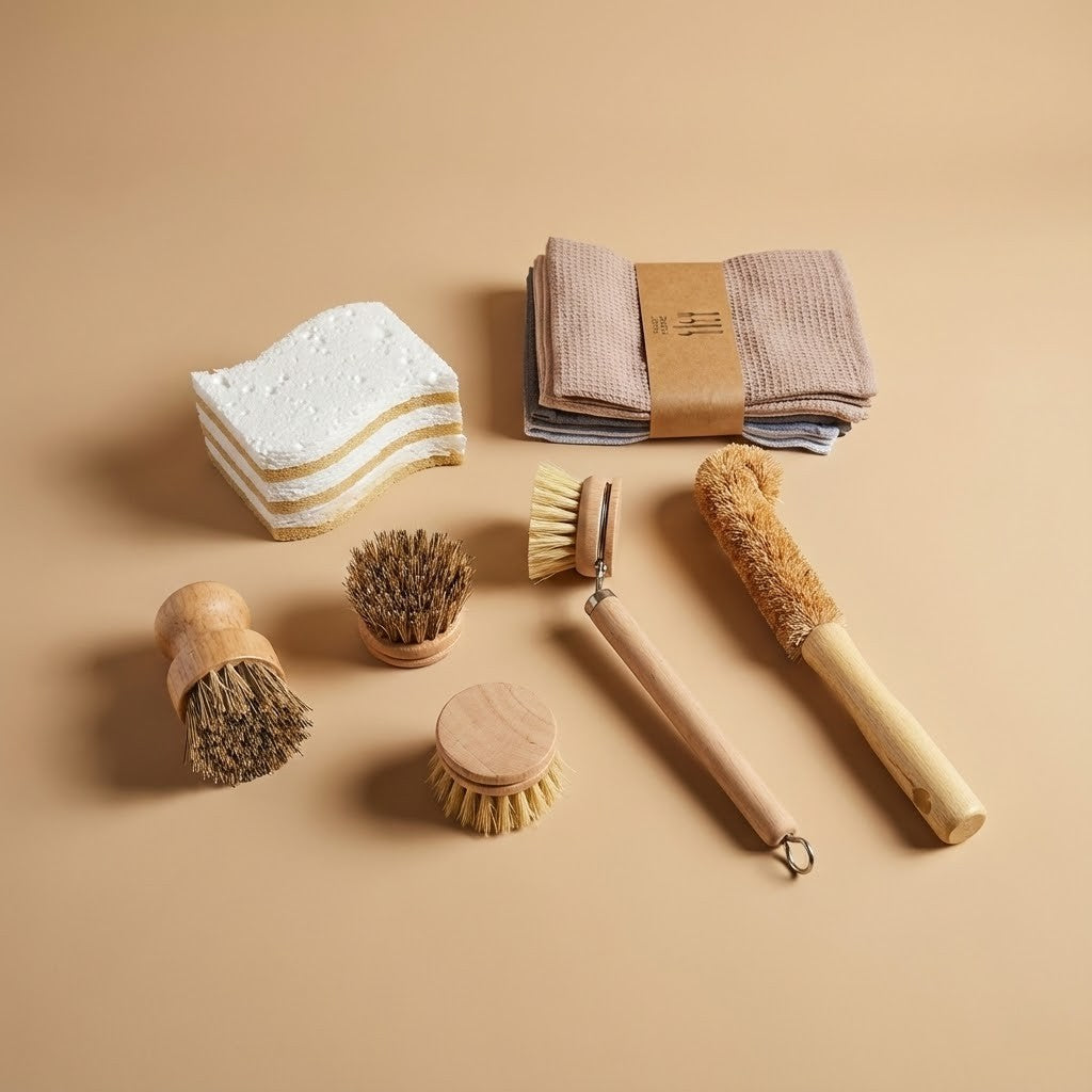 Auf dem Foto ist ein Nachhaltiges Spülbürsten Set aus Holz sowie Naturmaterialien zu sehen. 
