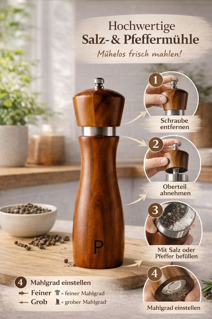 4-Schritte-Anleitung zum einfachen Befüllen und Einstellen der Salz- und Pfeffermühlen aus Holz.