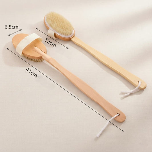 Grafische Darstellung der Maße und Abmessungen der Holz-Badebürste mit langem Stiel und abnehmbarem Kopf