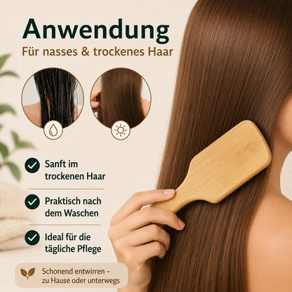 Anwendungsgrafik der Bambus-Haarbürste für nasses und trockenes Haar mit handlichem Bürsten der glatten Haarlängen.