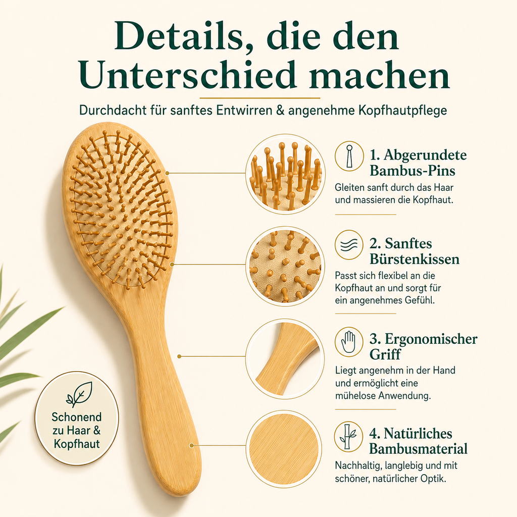 Detailgrafik der Bambus Haarbürste mit abgerundeten Bambus Pins und ergonomischem Griff