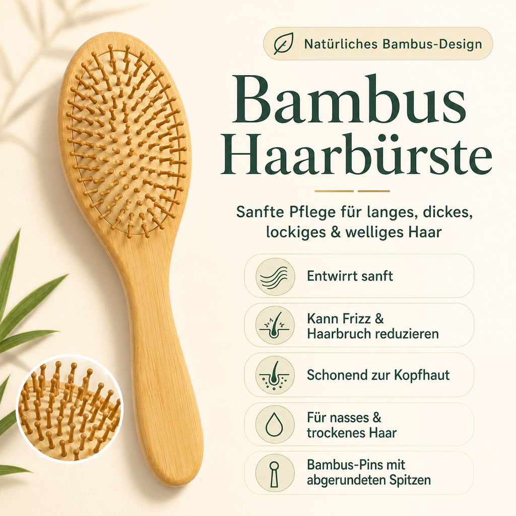 Bambus Haarbürste Infografik mit Vorteilen für langes dickes lockiges und welliges Haar