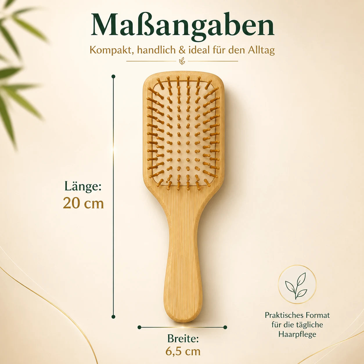 Maßgrafik der Bambus-Haarbürste mit 20 cm Länge und 6,5 cm Breite.