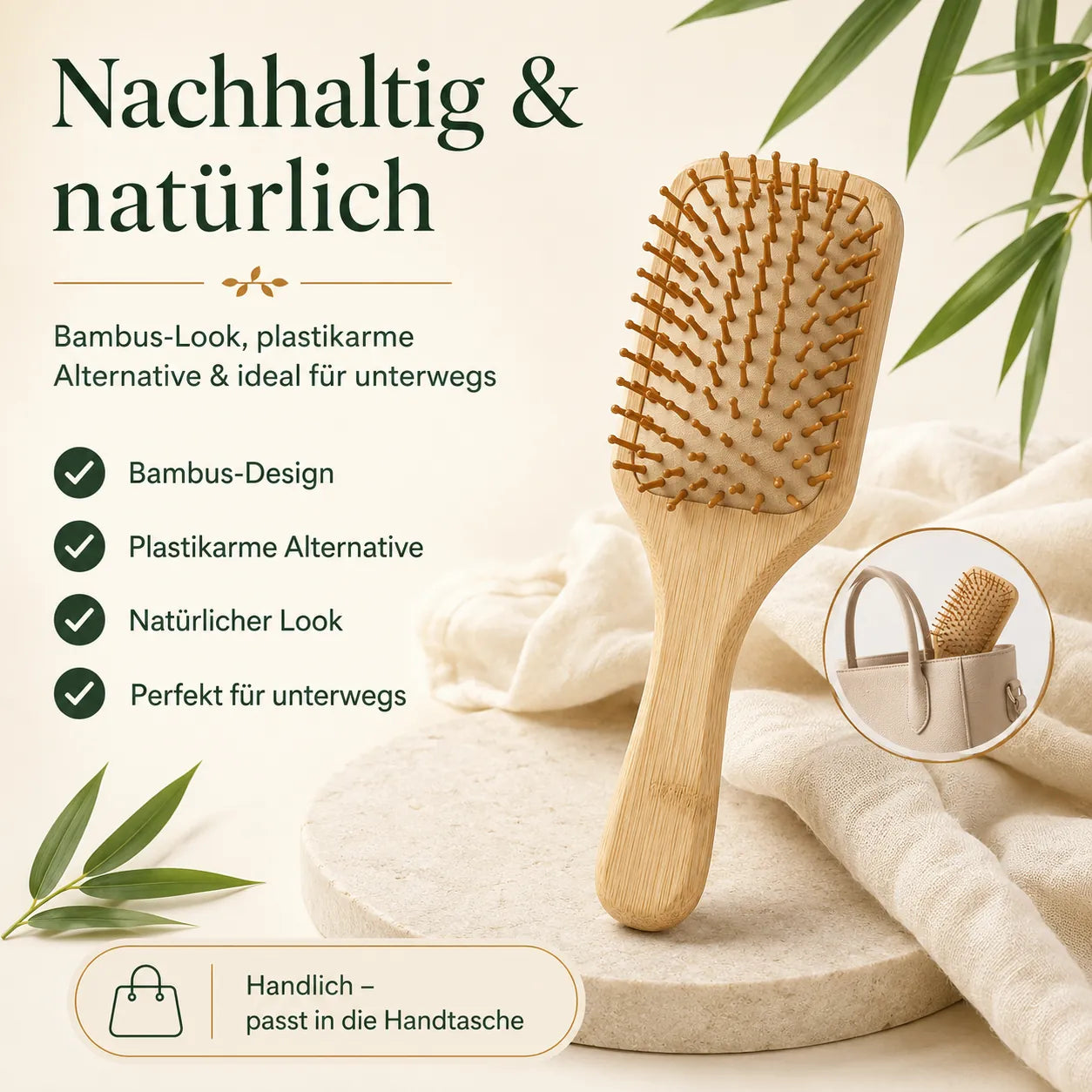Nachhaltigkeitsgrafik der Bambus-Haarbürste mit Bambus-Look, plastikärmerer Alternative und handlichem Format für unterwegs.