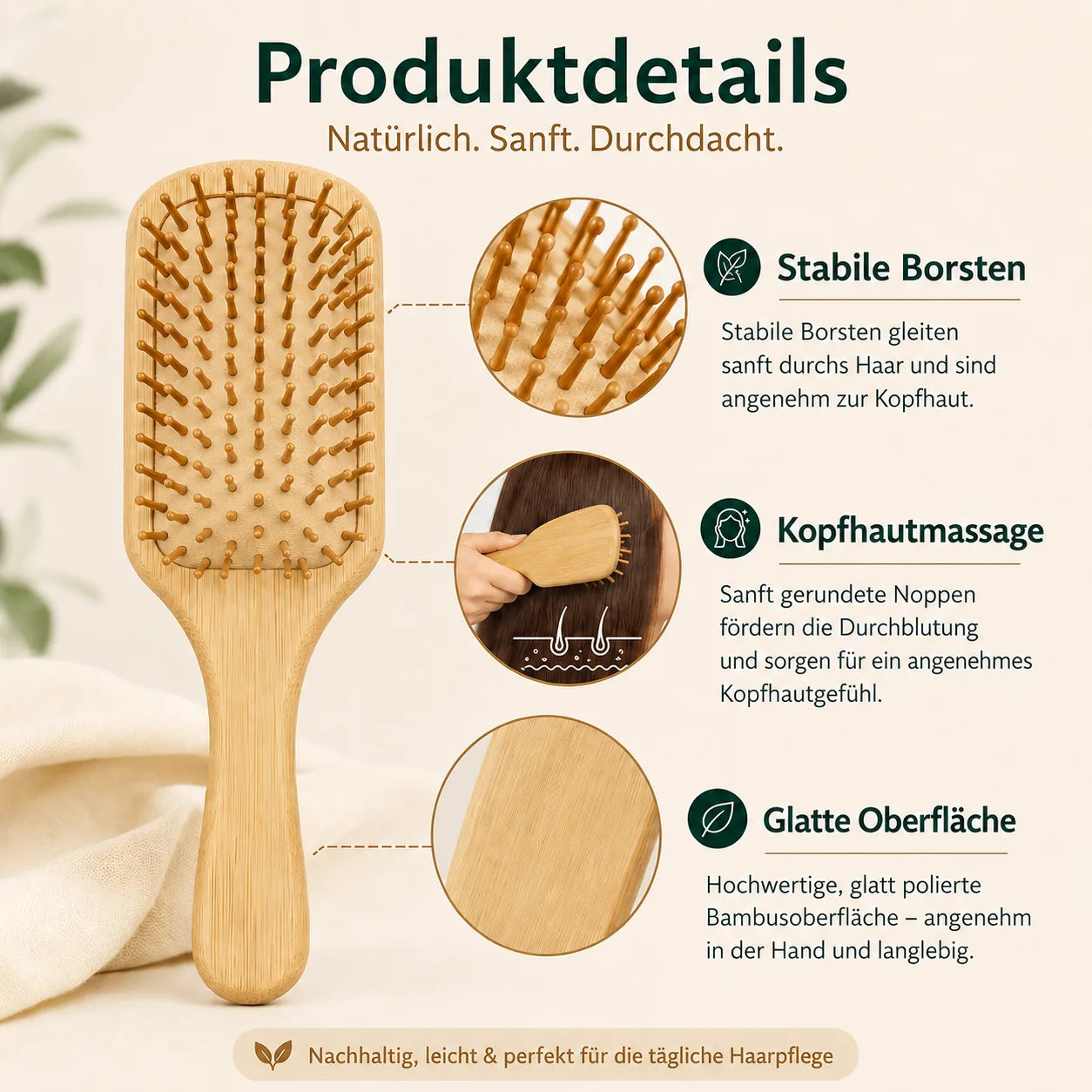 Produktdetailgrafik der Bambus-Haarbürste mit stabilen Borsten, Kopfhautmassage und glatter Oberfläche.