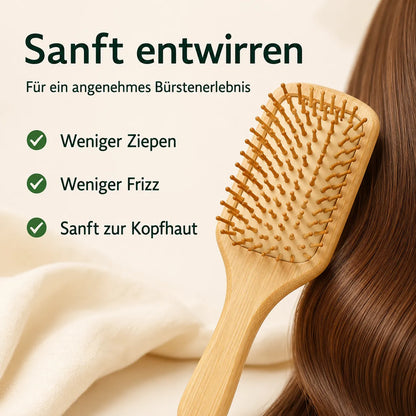 Vorteilsgrafik der Bambus-Haarbürste: sanft entwirren, weniger Ziepen, weniger Frizz und sanft zur Kopfhaut.