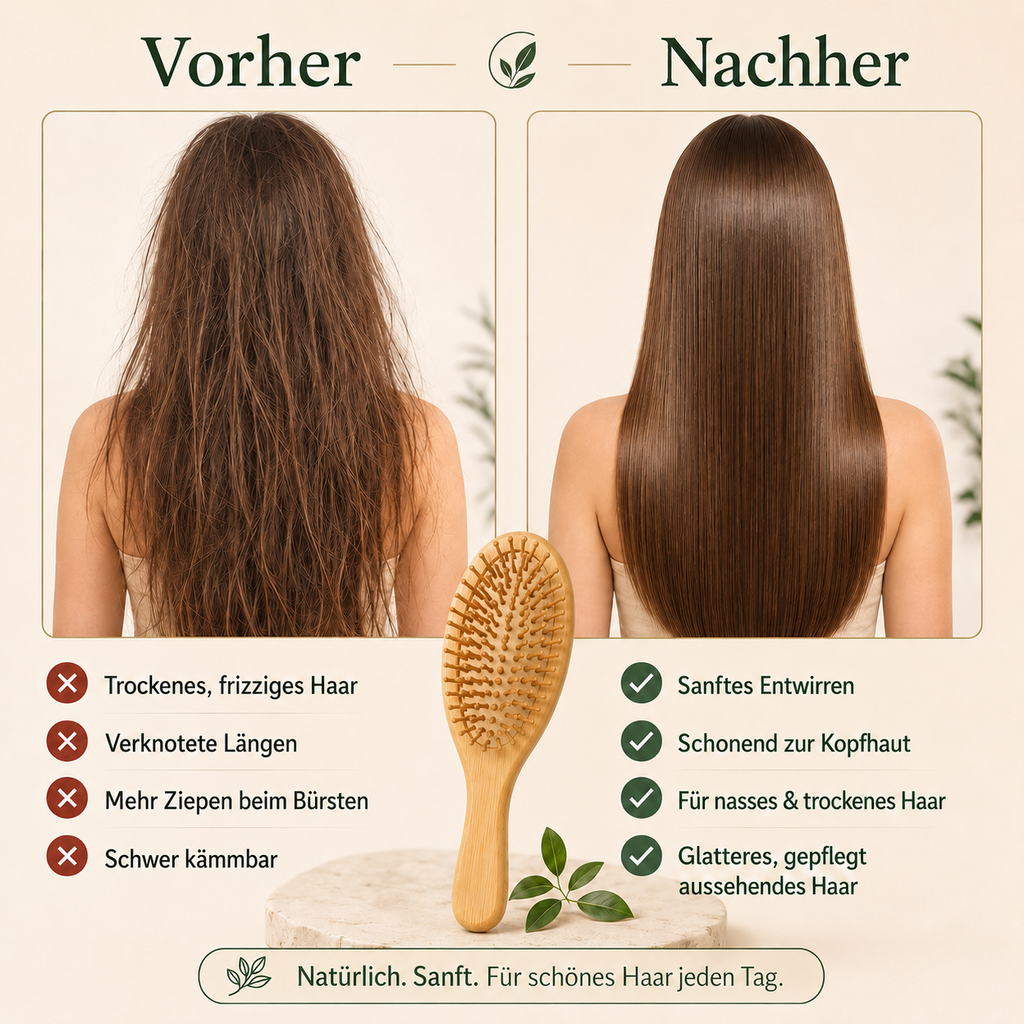 Vorher Nachher Grafik zur Bambus Haarbürste für leichter kämmbares und gepflegtes Haar