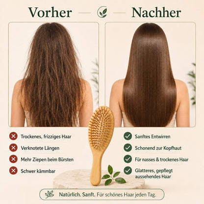 Vorher Nachher Grafik zur Bambus Haarbürste für leichter kämmbares und gepflegtes Haar