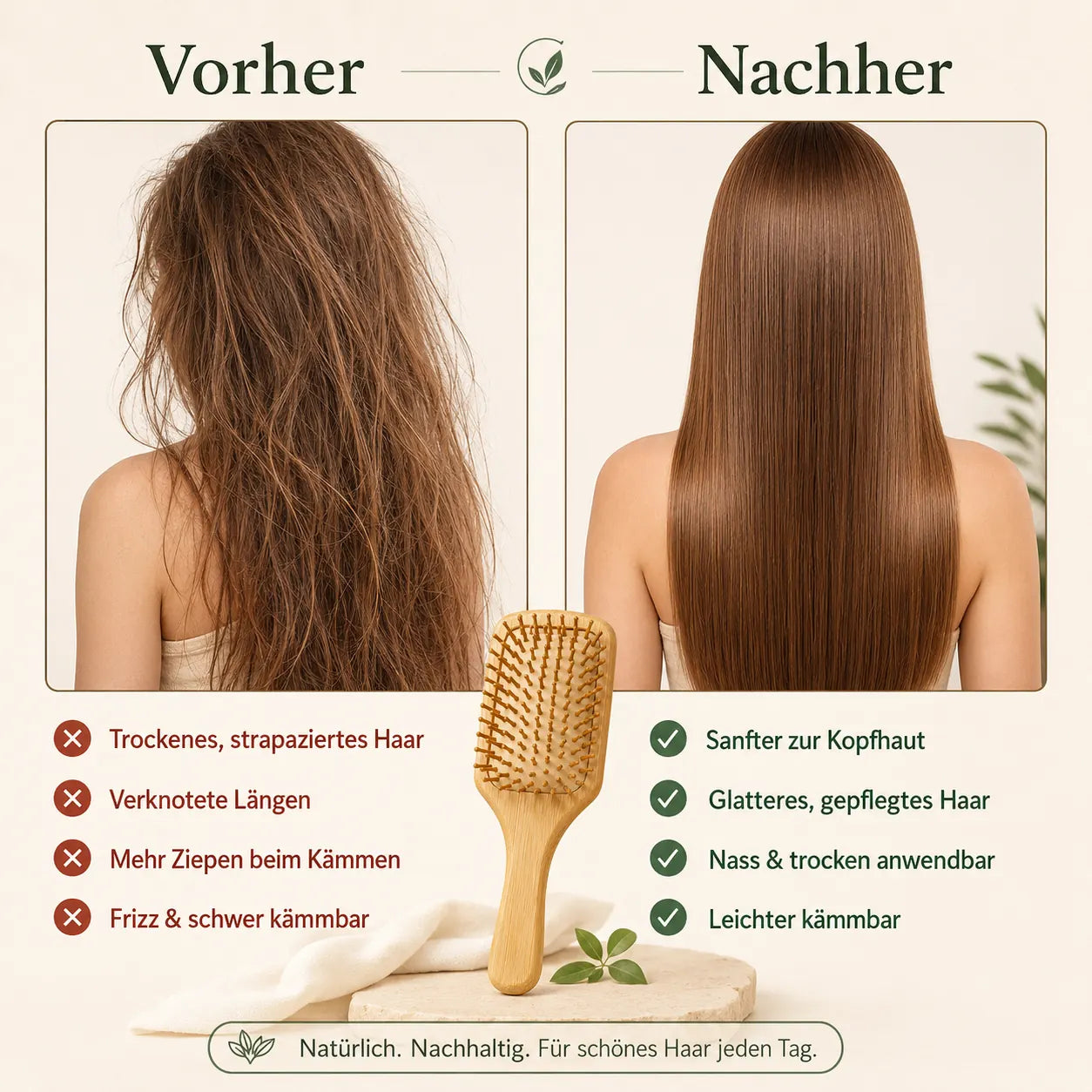 Vorher-Nachher-Grafik einer Bambus-Haarbürste: trockenes, verknotetes Haar im Vergleich zu glatterem, gepflegtem Haar.