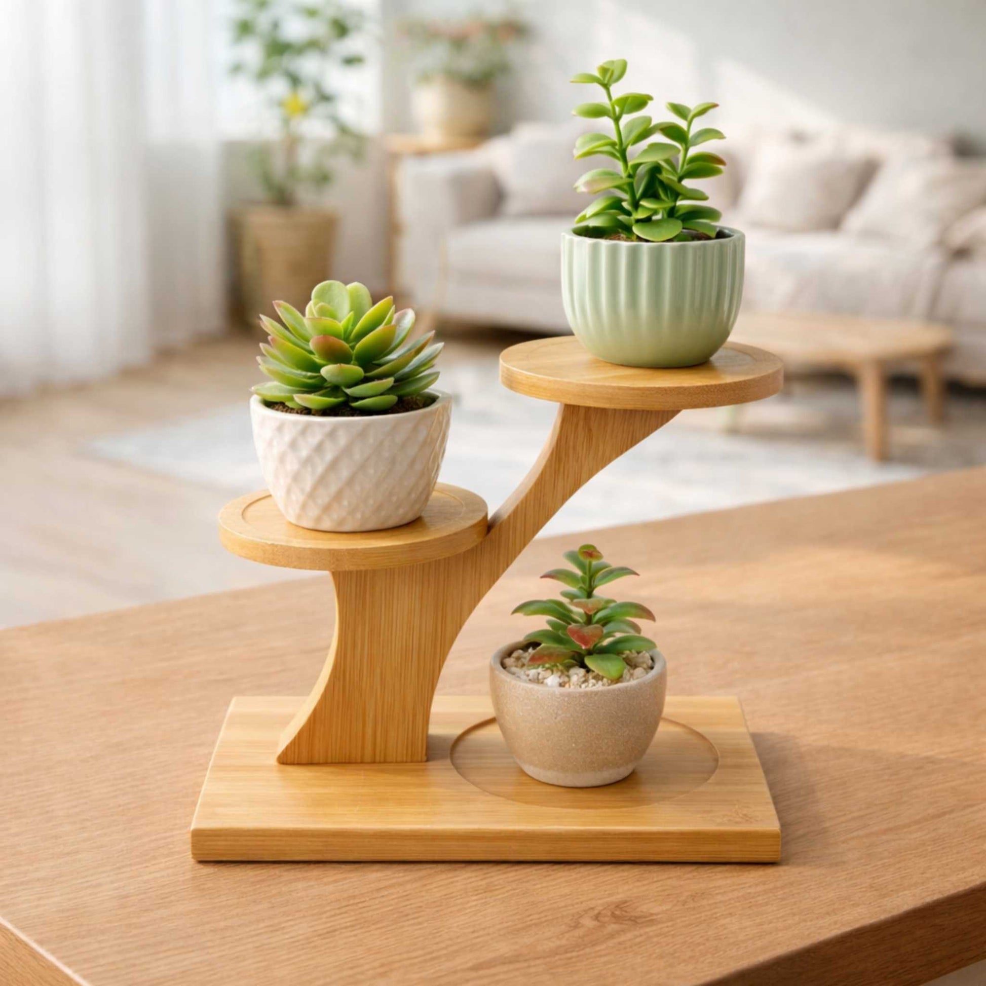 Pflanzenregal aus Bambus als dekorativer Blumenständer im Wohnzimmer