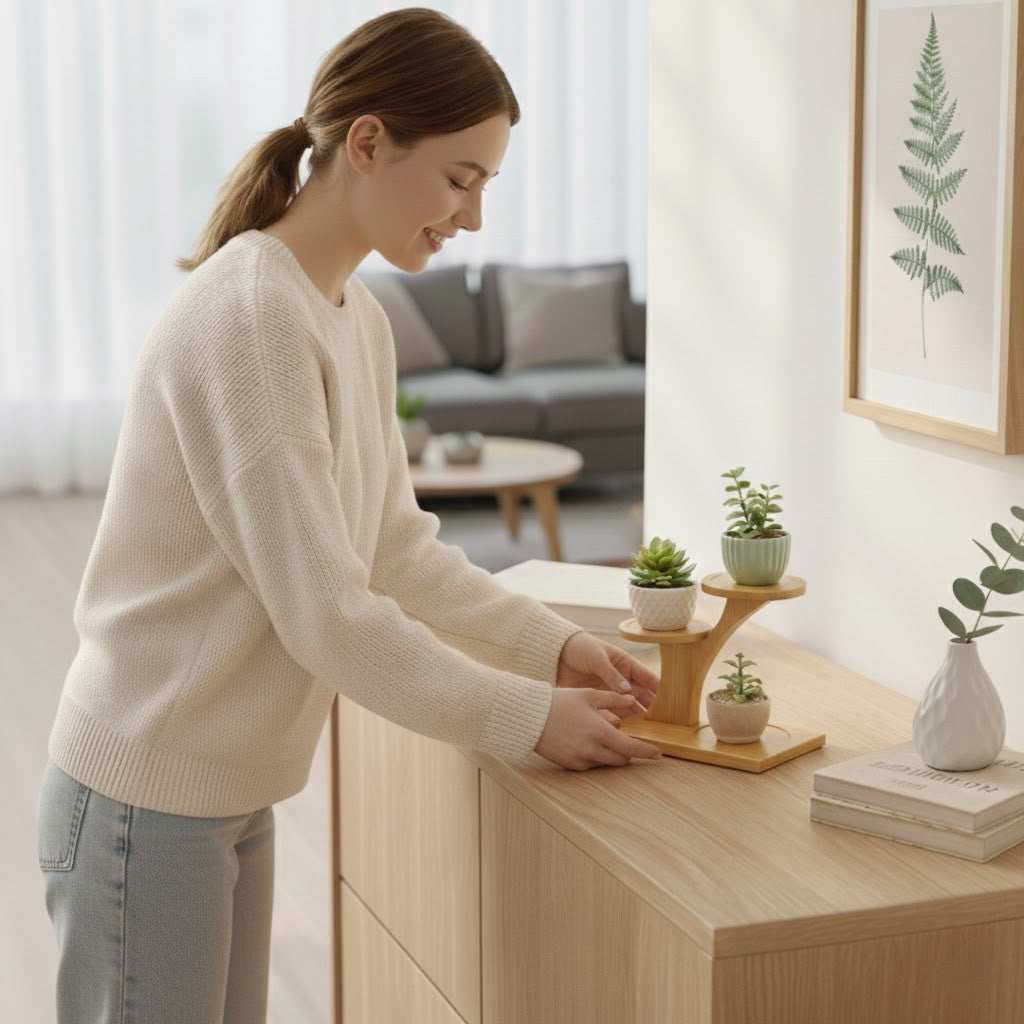 Nachhaltiger Bambus Pflanzenhalter mit drei Ebenen für kleine Pflanztöpfe