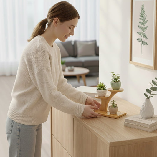 Nachhaltiger Bambus Pflanzenhalter mit drei Ebenen für kleine Pflanztöpfe