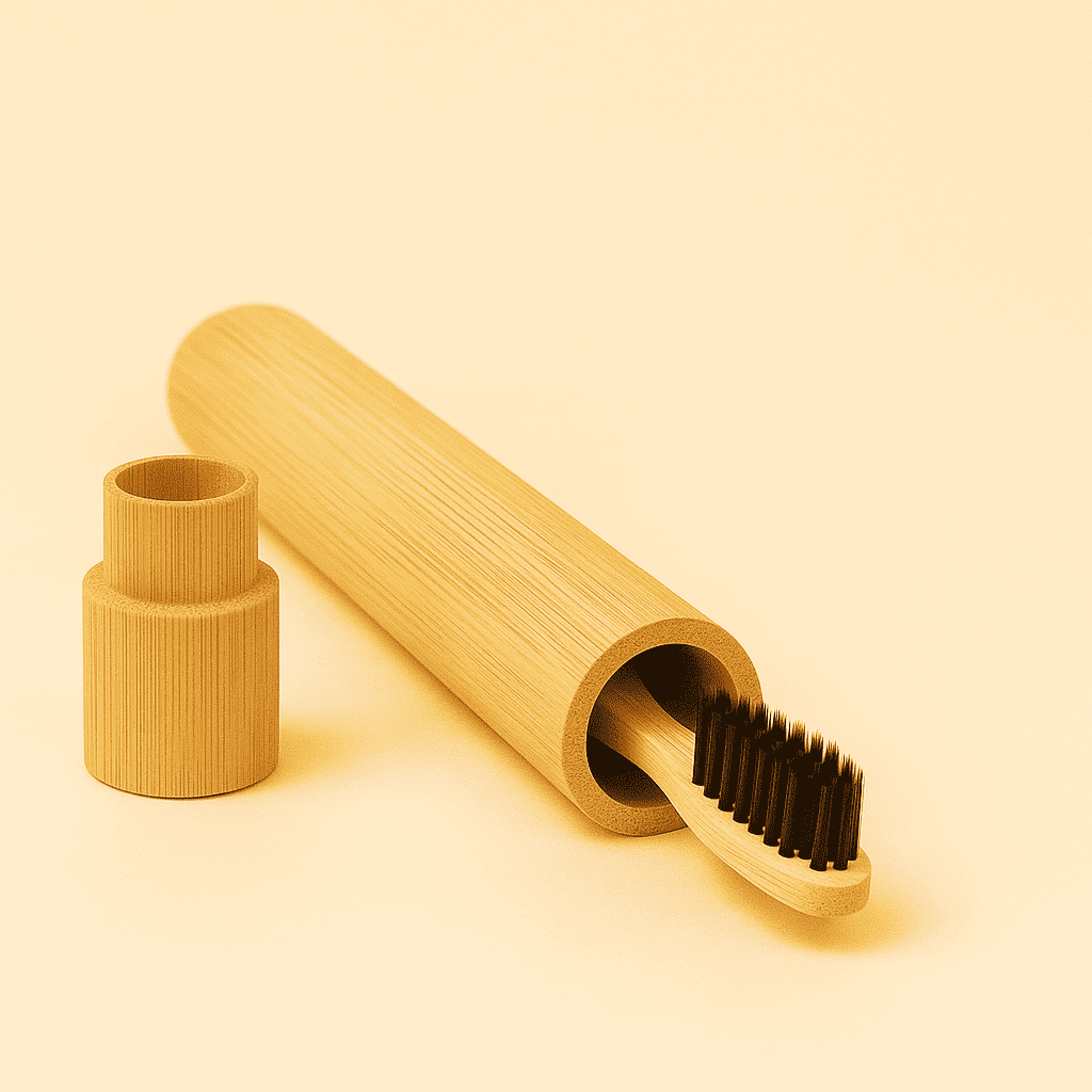 Offenes Bambus Reiseetui (Hülle) mit einer schwarzen Bambus-Zahnbürste im Inneren. Zeigt die Funktion zum Transport der Zahnbürste.