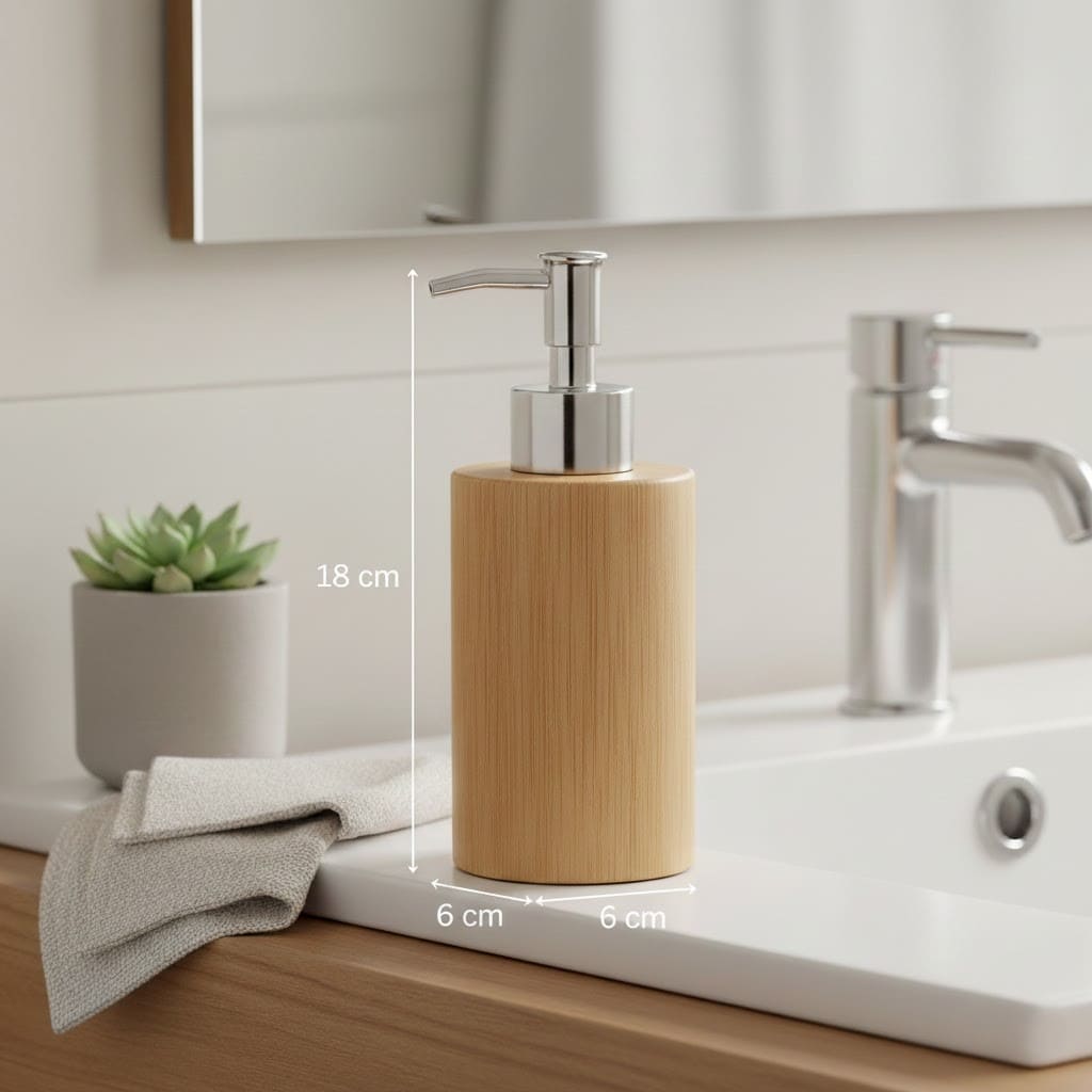 Dekorativer Seifenspender in Holz-Optik stehend auf einem weißen Waschbecken im modernen Badezimmer