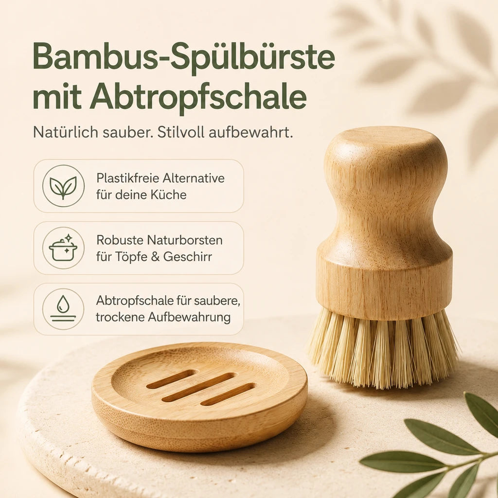 Bambus Spülbürste mit hellen Naturborsten und Abtropfschale für Geschirr und Töpfe