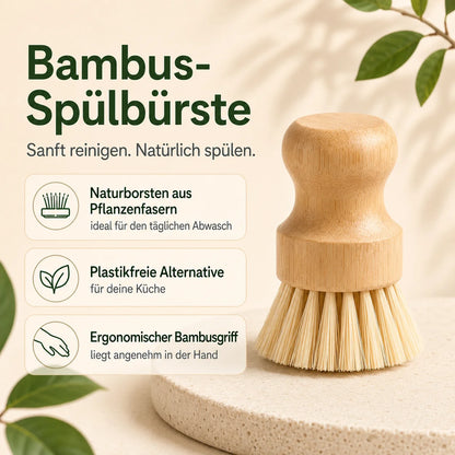 Infografik einer Bambus Spülbürste mit Naturborsten aus Pflanzenfasern, plastikfreier Alternative und ergonomischem Bambusgriff