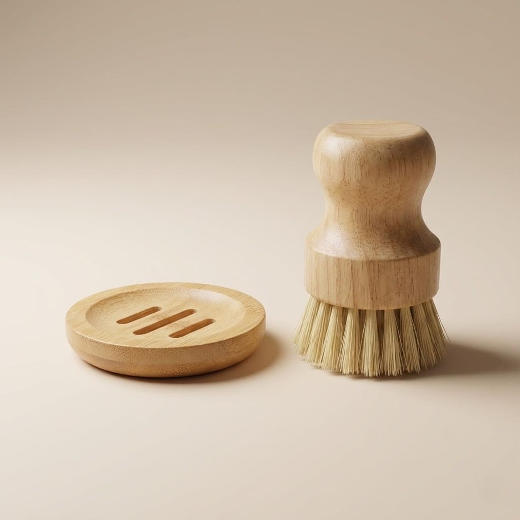 Bambus Spülbürste mit hellen Borsten neben runder Abtropfschale aus Bambus