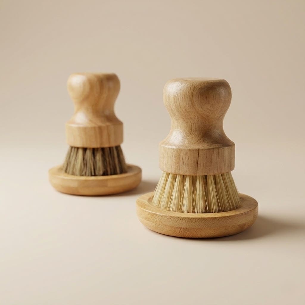 Bambus Spülbürste mit hellen Borsten im Vordergrund und Kokos Mischhaarbürste im Hintergrund auf beigem Untergrund