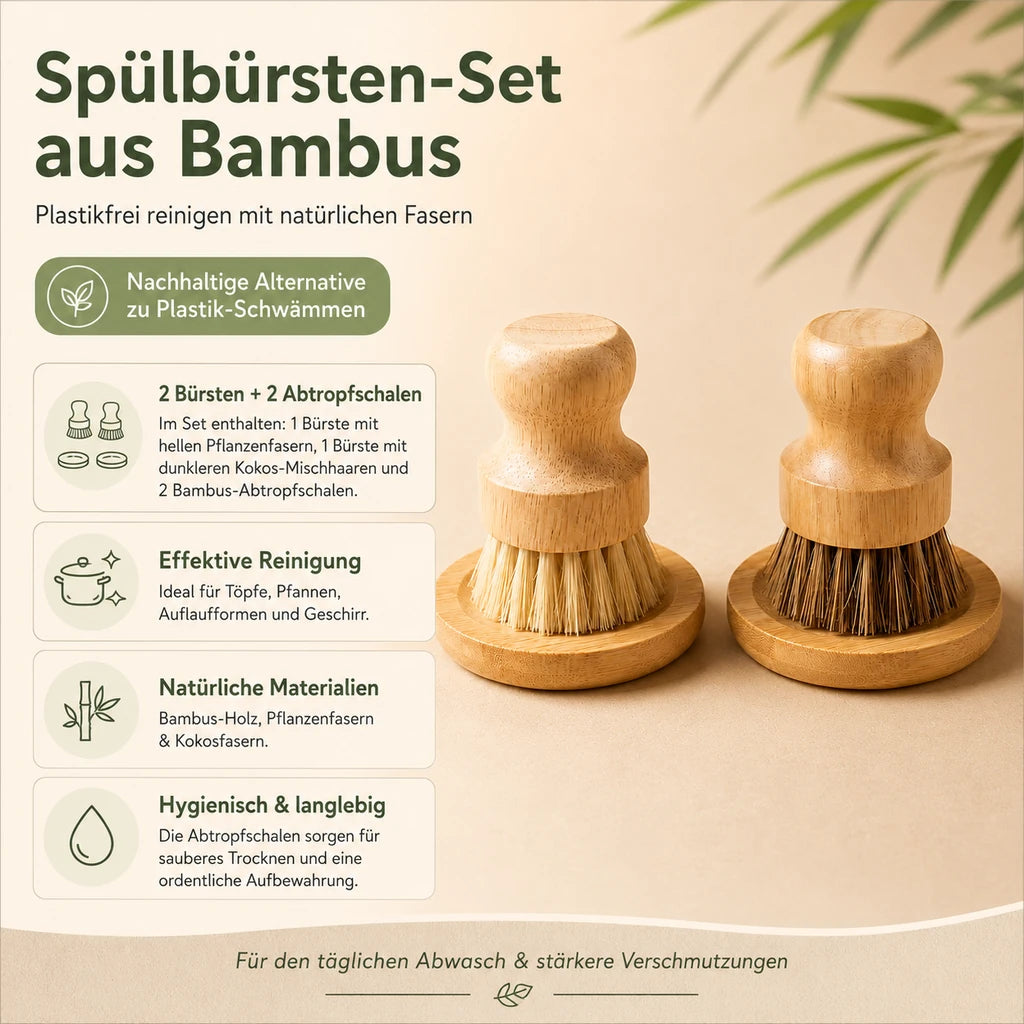 Infografik Spülbürsten Set aus Bambus mit zwei Bürsten und zwei Abtropfschalen