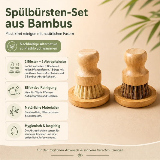Infografik Spülbürsten Set aus Bambus mit zwei Bürsten und zwei Abtropfschalen
