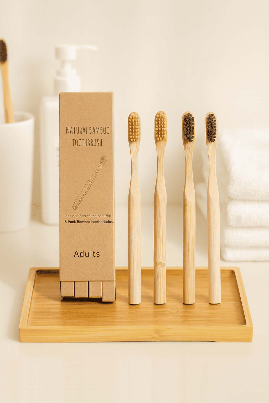 4er Set Bambus Zahnbürsten in Naturfarbe – plastikfrei und nachhaltig
