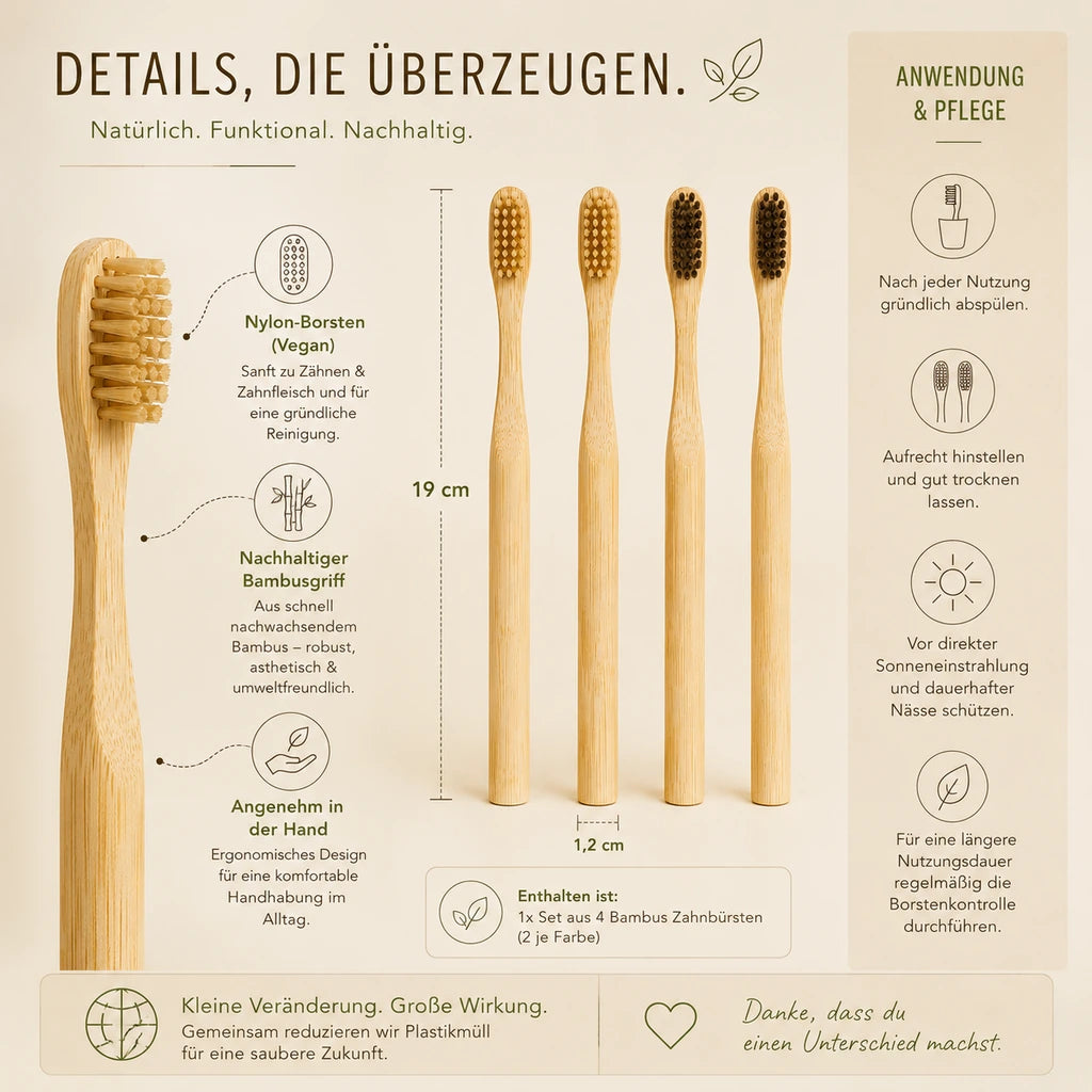 Detailgrafik zu Bambus Zahnbürsten mit Nylonborsten Maßen Anwendung und Pflegehinweisen