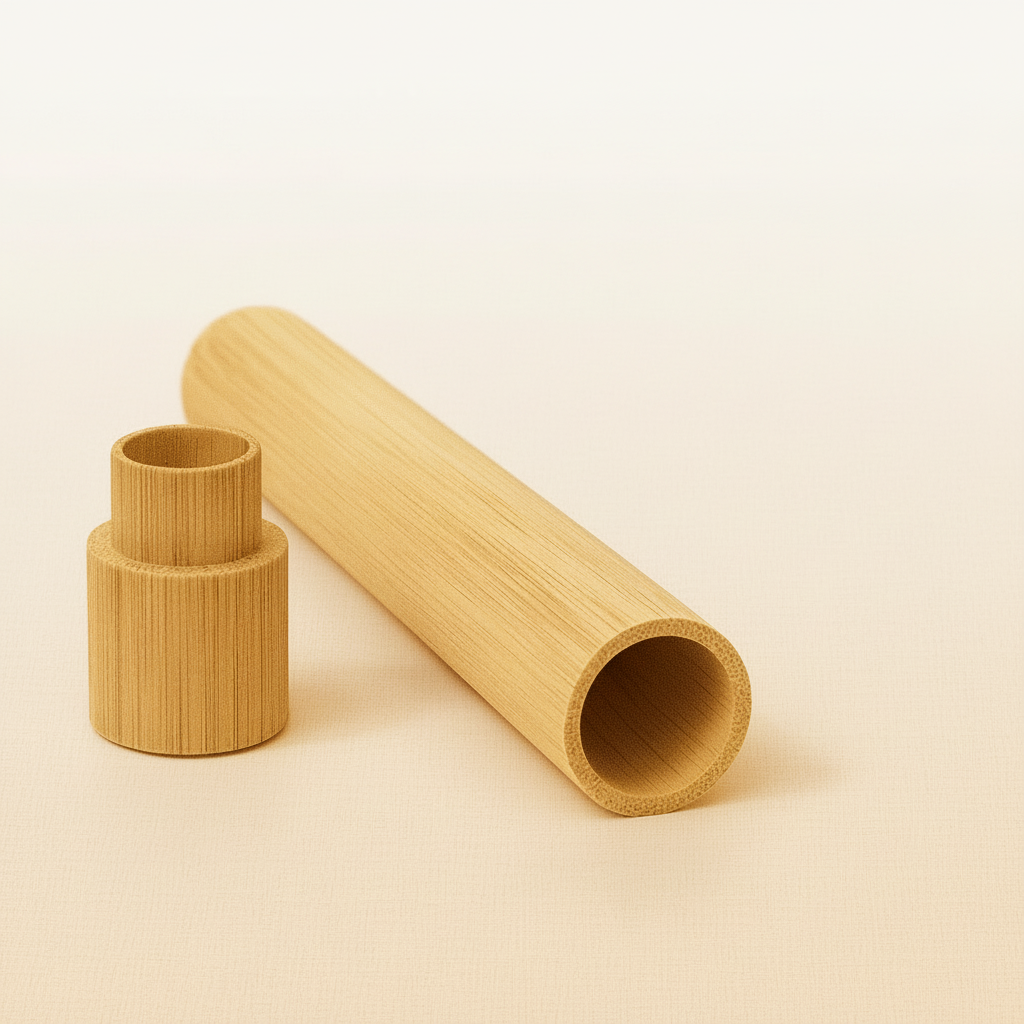 Zweiteilige Bambus-Zahnbürstenhülle aus Holz liegend und stehend. Umweltfreundliches, zylindrisches Reiseetui für plastikfreie Zahnbürsten